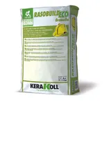 Mortero de acabado mineral, eco‑compatible, referencia Rasobuild Eco  Granello de Kerakoll. Blanco